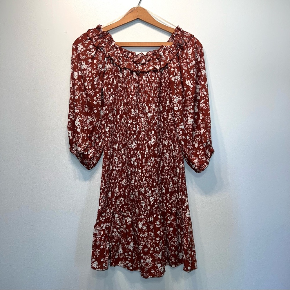 Kit & Sky Off-The-Shoulder Smocked Dress Brown Size Small MSRP $79.00